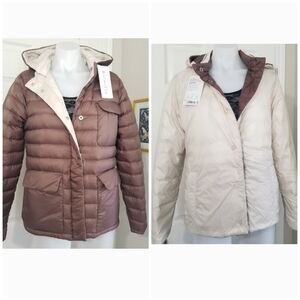 Athleta Pulse Reversible Down Jacket M NWT Mocha/Cream Removable Hood WaterProof